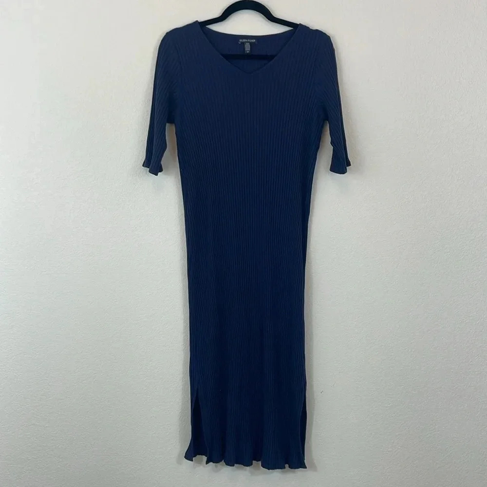 Eileen Fisher‎ ribbed knit maxi dress dark blue size small
